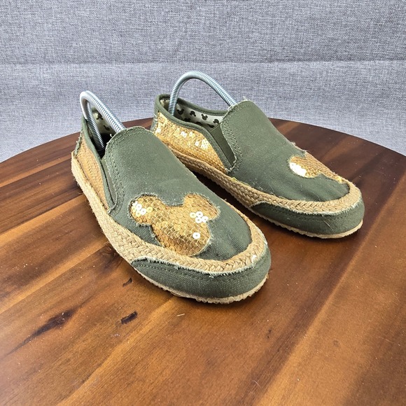 Disney Mickey Mouse Olive Green Sequin Espadrille Slip On Shoes Size 8 - Picture 2 of 15